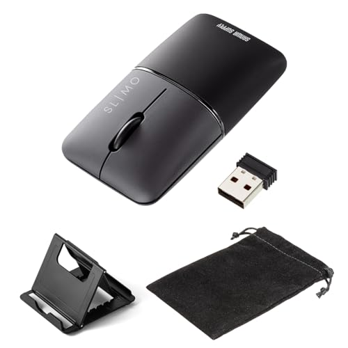 サンワダイレクト モバイルマウス 超小型 SLIMO Bluetooth ワイヤレス USB-A 対応 静音 充電式 軽量 42g スタンド/収納ポーチ付 薄型 スリム ブルーLED 小型マウス 持ち運び ブラック 400-MAWBT194BK