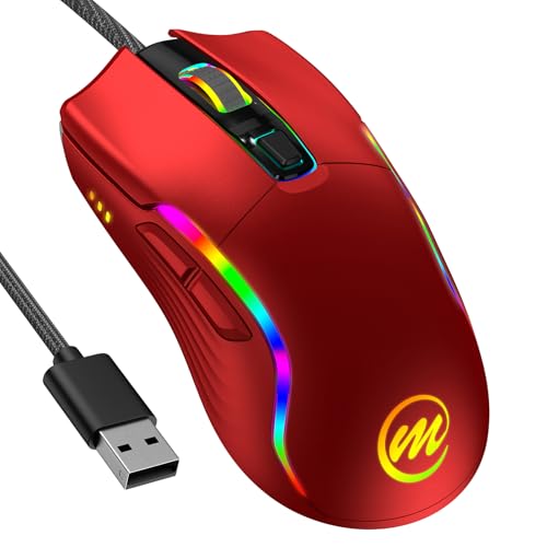 qaf 有線ゲーミングマウス - 12800 DPI 調整可能 - A825F 光学センサー搭載 - 13 種類の LED モード - 6 ボタン - 人体工学設計、1.7 メートルケーブル - USB 接続対応 PC 用マウス (赤色)