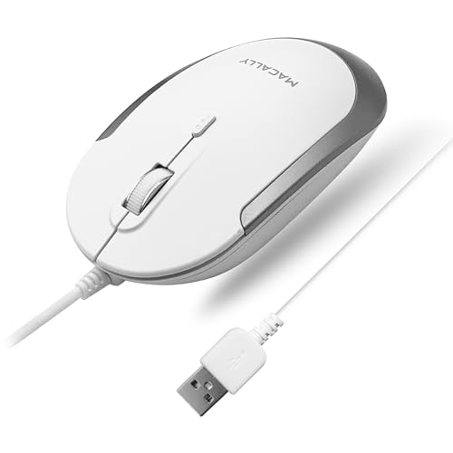 Macally サイレント USB マウス有線 Apple Mac Windows PCラップトップ/デスクトップコンピュータ用 スリム＆コンパクトマウスデザインセンサーとDPIスイッチを搭載した PC 800/1200/1600/2400 簡単な旅行のために小さい (ホワイト)