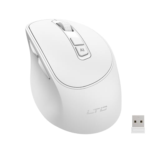 LTC OM021 ワイヤレス AI マウス、音声入力 & 翻訳機能、BT 5.0/2.4G エルゴノミック オフィス用コンピューターマウス、充電式バッテリー、調整可能なDPI、静かなクリック音、MacOS、PC、デスクトップ、ラップトップ用マルチデバイス、ホワイト