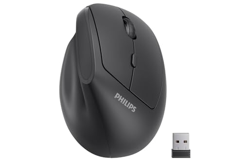 PHILIPS フィリップス エルゴノミックマウス - 800/1200/1600の調節可能なDPIを備えた垂直マウス S/Mハンド用の6つのサイレントボタンデザイン 自動節電 軽量 2.4GHz ワイヤレスマウス ノートパソコン デスクトップ PC用 ブラック