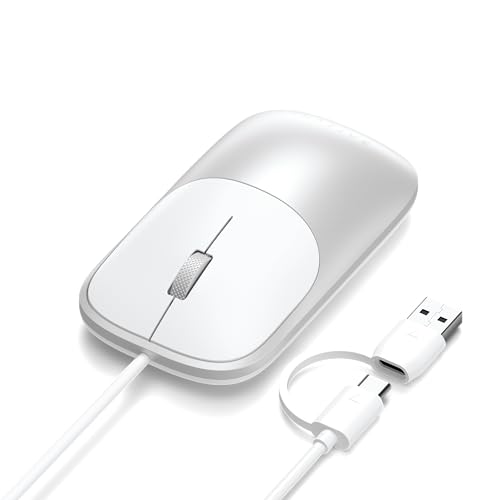 Satechi Slim LX 有線マウス 静音クリック 陽極酸化アルミニウムシェル USB-C 充電式バッテリー macOS Windows iPad OS Android用 シルバー