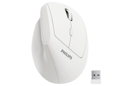 PHILIPS フィリップス エルゴノミックマウス - 800/1200/1600調節可能なDPIを備えた垂直マウス 6つのサイレントボタン 自動節電、軽量 2.4GHz ワイヤレスマウス ノートパソコン デスクトップ PC用 ホワイト