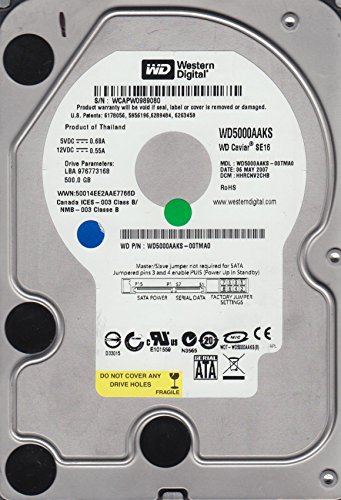 Western Digital WD5000AAKS-00TMA0、DCM HHRCNV2CHB、Western Digital 500GB SATA 3.5ハードドライブ。