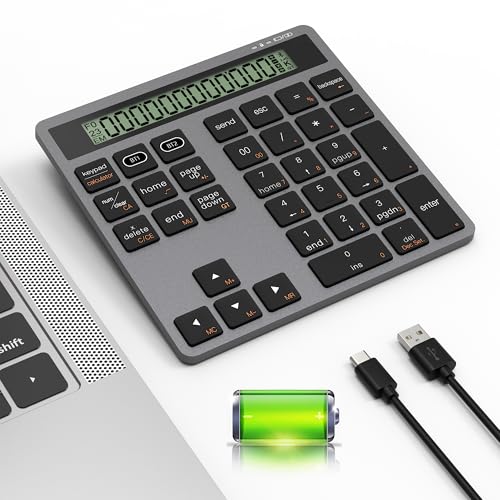 Tioleje テンキー Bluetooth 電卓 Type-C充電 Type-C有線とBluetooth ワイヤレス テンキー 電卓 2 in 1スリム 34キー 外付けテン キーキーボード データ入力 + 計算 2in1 テン キー ノートパソコン、デスクトップPC、スマートフォン対応