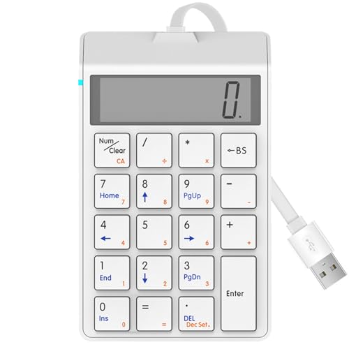 Rtwrsud ワイヤレスBluetooth4.0テンキー、電卓機能付きの充電式19キーサイレントキーパッド、画面付き有線テンキー USBインターフェース レジ係金融キーパッドシステムコンピューター、スマートフォン、タブレット、ラップトップに適しています (ホワイト)