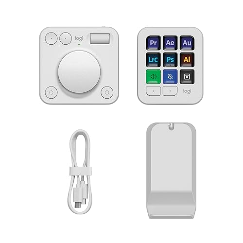 Logitech MX Creative Console、9つのカスタマイズ可能なLCDキーとロータリーコントロールのグラフィックデザイン、ビデオ編集、画像を備えたプログラム可能なキーパッド。Adobe、Zoom、Spotifyなどを使用 - ペールグレー。
