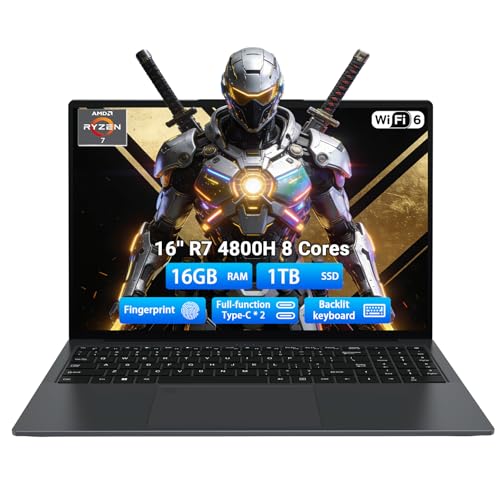 Breloom AMD Ryzen 7 4800H 16GB｜16インチ FHD ライトゲーム ノートパソコン 8コア AMD Ryzen 7 4800H 16GB DDR4 RAM 1TB SSD GPU AMD Radeon Graphics Wi-Fi 6 IPSコンピューター 65W Type-C バックライト付きキーボード 指紋付き