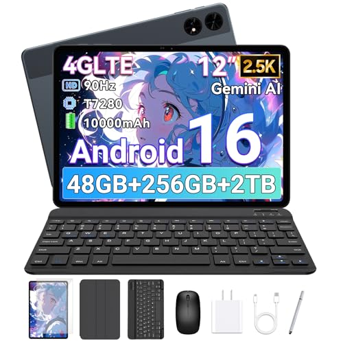 TABWEE 【Android16 タブレット 12インチ】TABWEE T60 アンドロイド16 タブレットPC、48GB+256GB+2TB拡張、2.5K IPS大画面 2400×1600解像度 90Hz、Widevine L1+Netflix対応、Tablet 8コアCPU、10000mAh+PD18W 急速充電+4G LTE、16MP/8MPカメラ、ケース+タッチペン+キーボード付き 動画編集向け Tablet T60