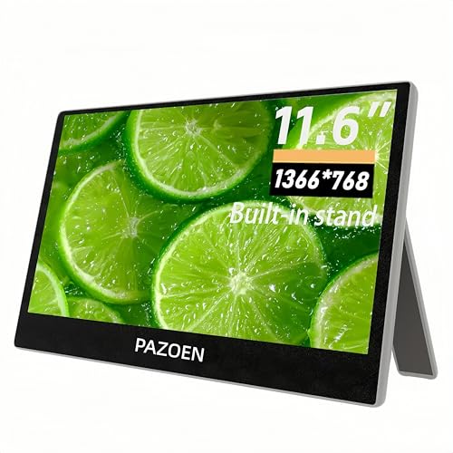 PAZOEN モバイルモニター11.6インチ 超軽量450g 1366x768P モバイルディスプレイ 自立型 VESA対応 スピーカー ポータブルディスプレイ 小型モニター サブモニタ一 USB Type-C ミニHDMI Phone/PC/Macなど対応.学生、在宅勤務、ゲーマーに最適 P116A
