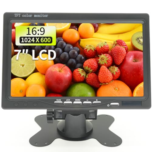 Qcvoruno 7インチセキュリティモニター&ディスプレイ、HD/AV/VGA入力、1024×600解像度、内蔵スピーカーポータブルLCDモニター、ゲームデジタル一眼レフCCTV、PC、DVD、TVボックスに最適 QC720