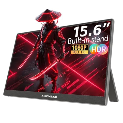 Jectse AIREIXINGD ポータブルモニター 15.6インチ 1080P FHD IPSディスプレイ、60HzウルトラスリムUSB/Type-C/Mini HDMIトラベルモニター、キックスタンド付き、ラップトップ、Mac、電話、PS、Xbox、Switchゲーム用スクリーンエクステンダー