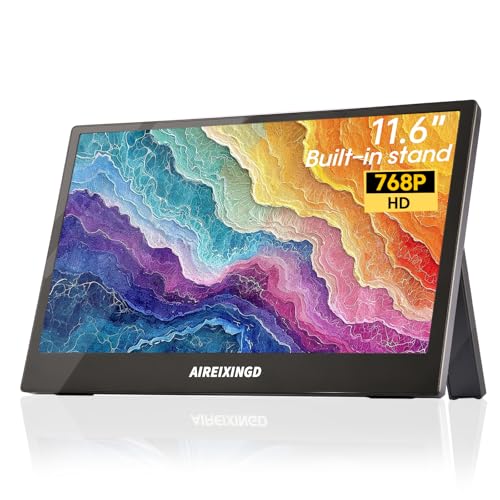 AIREIXINGD ポータブルモニター 11.6インチ 1366 x 768P HD、重量450g内蔵スタンド、小型モニター対応 Type-C/Mini HDMIポート、外部モニター ノートパソコン、PC、Mac、携帯電話に対応。トラベルモニター。 A116A