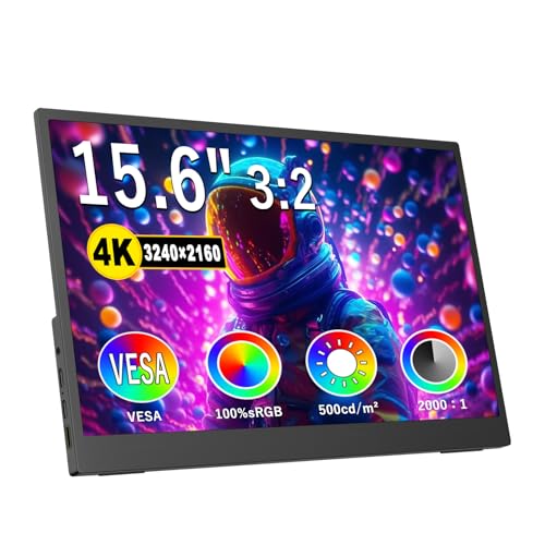 Topmonitor ポータブルモニター 15.6インチ 4K 3240 * 2160 ウルトラスリムコンピュータゲームモニター、2000:1,500cd、100%sRGB 45°調節可能なスタンド付き、標準HDMI USB-Cコンピューターディスプレイ、ノートパソコン/携帯電話/Mac用 P15.6/4K