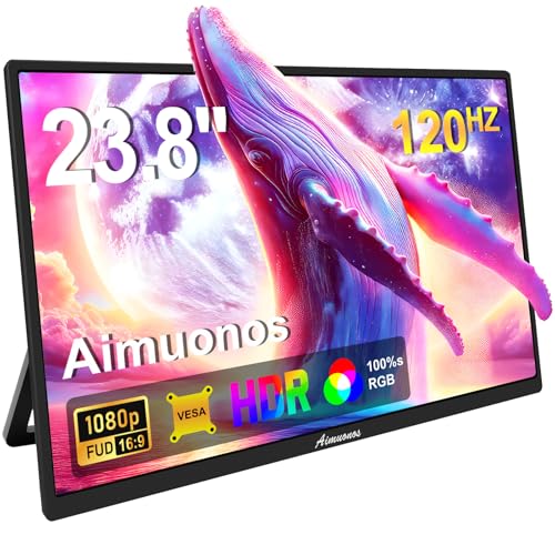 aimuonos 23.8インチポータブルモニター、1080Pモバイルモニター 120Hz FHD HDR プラグアンドプレイ HDMI IPS モバイルディスプレイ デュアルスピーカー トラベル外部スクリーン PC、タブレット、Mac、Xbox、PS3/4/5 用 monitor-23.8cun-01