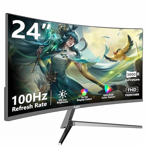 DJiEX 24インチ カーブモニター FHD 1920x1080p 100Hz リフレッシュレート 16:9 アスペクト比 人間工学的 チルト ホーム オフィス ゲームモニター 同期 視覚体験 仕事と遊びをサポート 壁取り付け。 Q24B13-1