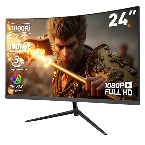 ReHisk 24インチ カーブ 1080P ゲーミングモニター 1800R FHD 100Hz コンピューターモニター 応答時間 3ms FreeSync アイケア HDMI/DP スピーカー内蔵 VESA マウント RE-241KV4g