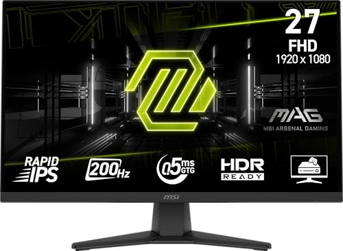 MSI MAG 272F 27インチ 1920 x 1080 (FHD) ゲーミングオフィスモニター、200Hz、アダプティブ同期、HDR対応、HDMI、VGAポート、VESAマウント可能、チルト、4サイドスリムベゼル、0.5ms、ブラック