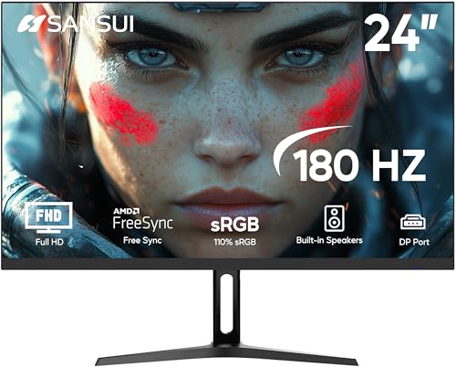SANSUI 180Hz 24インチ PCモニター、コンピューターモニター FHD 1080p、スピーカー内蔵ディスプレイポート sRGB 110%アダプティブ同期、HDMIx2ポート VESA互換 傾き調整可能、ブラック G24F4S