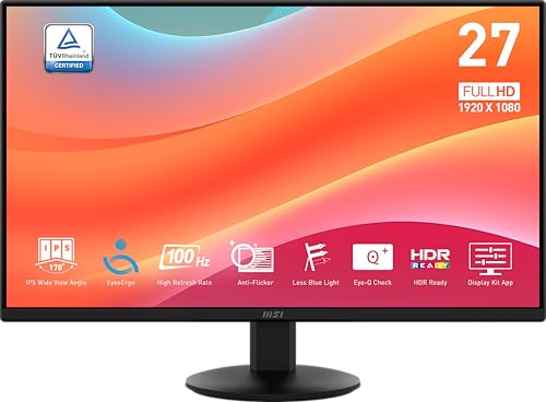 MSI PRO MP242LE 24インチ IPS 1920 x 1080 (FHD) コンピューターオフィスモニター、100Hz、アダプティブ同期、HDMI、DisplayPort、チルト、4サイドスリムベゼル 1ms、ブラック