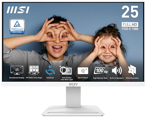 MSI PRO MP253W 24.5インチ IPS 1920 x 1080 (FHD) コンピューターモニター、100Hz、アダプティブ同期、HDMI、VGAポート、VESAマウント可能、チルト、スピーカー、1ms、ホワイト