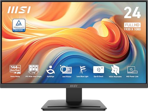 MSI PRO MP243L E14 24インチ IPS ゲーミングデスクトップモニター 1920 x 1080 (FHD)、144Hz、アダプティブ同期、HDR対応、HDMI、VGAポート、VESAマウント、チルト、4サイドスリムベゼル、1ms