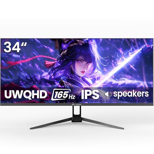 CRUA ゲーミングモニター 34インチ 165Hz UWQHD 3440×1440 IPS 21:9 ウルトラワイド 平面 非光沢 120%sRGB HDMI2.0 DP1.4 スピーカー内蔵 広い視野角 壁掛けにも対応 CR340G