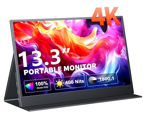Pornitor 4Kポータブルモニター、13.3インチUHD IPSポータブルノートパソコン画面、セカンドスクリーンデュアルUSB C HDMIコンピューターゲームディスプレイ、スピーカー付き、PC電話PS4/5 Xboxスイッチ用トラベルモニター M133A25