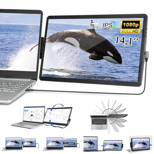 Iryreafer ノートパソコン画面エクステンダー、14.1インチ FHD 1080P IPS ノートパソコンモニターエクステンダー デュアルスクリーン、USB-C/HDMIポートを備えたノートパソコン用の回転式取り付け可能なポータブルモニター、Windows/Mac/Android用のプラグアンドプレイ。 36750467-af75-4403-b616-9e68048bfbb4