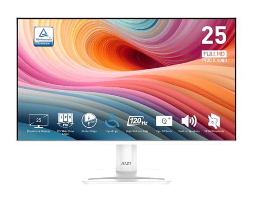 MSI PRO MP251W E2 24.5インチ IPS 1920 x 1080 (FHD) ゲーミングオフィスモニター、120Hz、アダプティブ同期、HDR対応、HDMI、VGAポート、ディスプレイポート、VESAマウント可能、チルト、スピーカー、4面スリムベゼル、1ms、ホワイト