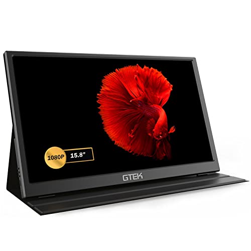 GTek ポータブルモニター 15.8インチ IPS フルHD 1920 x 1080P スクリーン、スピーカー付き、セカンドデュアルコンピューターディスプレイ、15.6インチ以上のワイド、MacBookラップトップPC用外部トラベルモニター、スマートカバー付き GK158PM1
