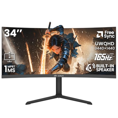 CRUA 34インチ 湾曲ゲーミングモニター 165Hz WQHD 3440×1440 UltraWide VAディスプレイ 120%RGB 3800R 21:9 PC パソコンモニター AMD FreeSync 対応 スピーカー内蔵 HDMI 2.0 & DP 1.4 壁取り付け可能 ブラック CR340QA
