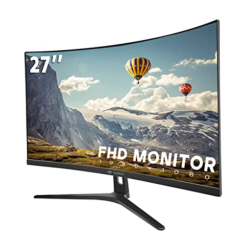 CRUA 27" Curved Monitor, Full HD(1920x1080P)VA Panel 1800R 75HZ 99% sRGB Professional Computer Monitor,3Sides Frameless,Flicker-less,Blue Light Filter,for Office & Gaming(VGA,HDMI)VESA Mountable-Black CR270BM
