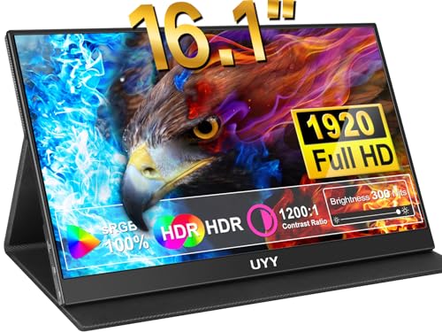 UYY Monitor portatile 16.1" FHD (1920X1080), 100% sRGB 2023 HDR Monitor, Second Esterno Gaming Monitor FreeSync IPS, USB, Type-C, HDMI Dual Speakers, Smart Cover per |Laptop|PC|Phone|Mac|PS5|Game Console