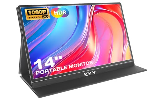 KYY Portable Monitor for Laptop, 14" FHD 1080P Travel Monitor, USB-C & HDMI Computer Gaming Screen with VESA Mount & Smart Cover, Dual Speakers, for Mac PC Phone Xbox PS5 Switch K5-3