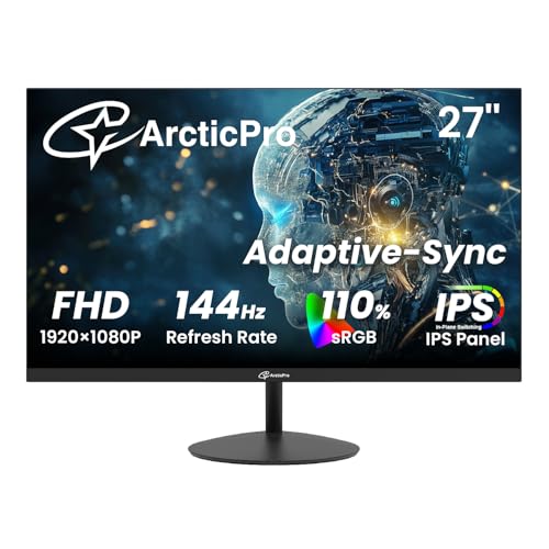 ArcticPro 27インチ コンピューターモニター FHD 1080p 144Hz オフィスおよびゲームモニター IPS アダプティブ同期 110%sRGB 1ms 3面フレームレス ウルトラスリム VESAマウント可能 ブルーライト防止設計 HDMI DP AD27EF2