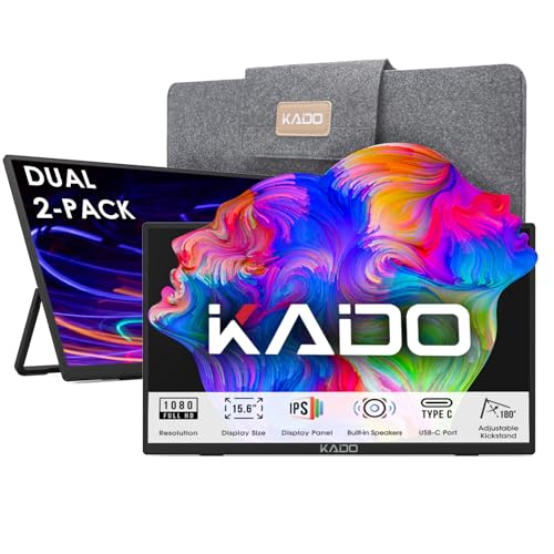 Kado デュアルポータブルモニターセットアップ - 2パック 15.6インチ FHD ポータブルモニター ノートパソコン用 1920x1080 IPS mini-HDMI USB Type-C ノートパソコン スクリーンエクステンダー 内蔵スピーカー オフィスゲーム用スタックデスクセットアップ K165W-F-DUAL