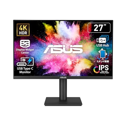 ASUS 27インチ プロフェッショナル 4K モニター (VA27UCPS) - UHD (3840 x 2160)、IPS、99% sRGB、HDR-10、USB-C PD65W、USBハブ、スピーカー、アイケア、人間工学、VESAウォールマウント