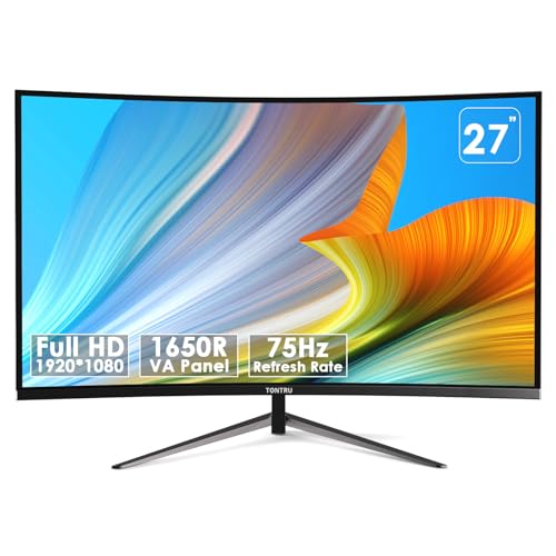 TONTRU 27インチ FHD(1920 x 1080) モニターカーブ、VAパネル、75Hz、HDMI/VGA、低ブルーライト、ちらつきなし、3面フレームレス、VESAマウント、スリムメタルスタンド、ホームオフィス用、ブラック CM27-Curved