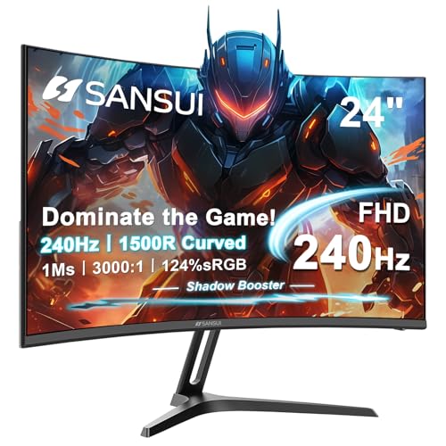 SANSUI 24インチ カーブ 240Hz ゲーミングモニター FHD 1080P 1500R カーブ コンピューターモニター 124%sRGB 3000:1 コントラスト比 HDR FreeSync MPRT 1Ms、低ブルーライト、HDMI DPポート(ES-G24C1 PRO DPケーブル付き)