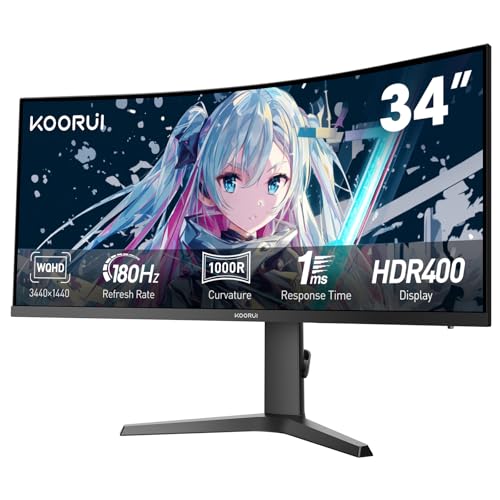 KOORUI ウルトラワイドモニター 34インチ 曲面1000R ゲーミングモニター UWQHD(3440×1440) 180Hz 1ms VA非光沢 sRGB100% HDR400 Adaptive Sync対応 高さ調整可能 34E6UC
