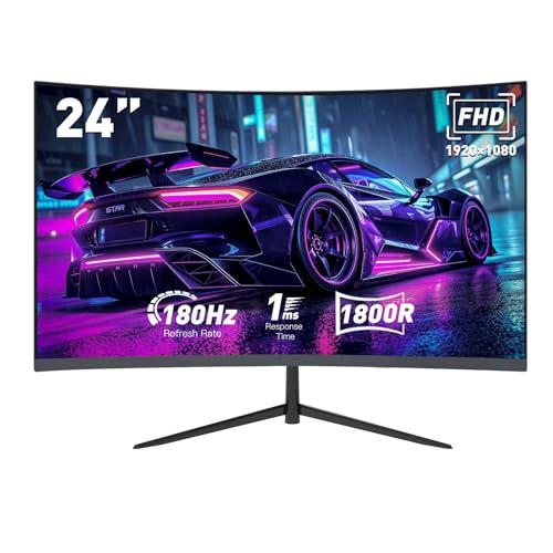 ReHisk 24インチ湾曲ゲーミングモニター、FHD 180Hz 1msコンピューターモニター、1800R、AMD FreeSync&G-Sync対応、HDMI DP VESA内蔵スピーカー。 RE-241KV3g
