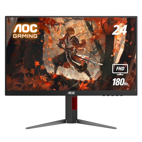 AOC 24G4 24インチゲーミングモニター、フルHD 1920x1080 IPSパネル、180Hz 1ms、HDMI 2.0x1、ディスプレイポートx1、アダプティブ同期、オーディオイヤホン出力、コンソールゲーム対応、3年間のゼロブライトドット。