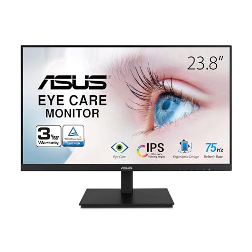 ASUS 23.8” 1080P Monitor (VA24DQSB) - Full HD, IPS, 75Hz, Speakers, Adaptive-Sync, Low Blue Light, Flicker Free, VESA Mountable, Frameless, HDMI, DisplayPort, VGA, USB hub, Height Adjustable