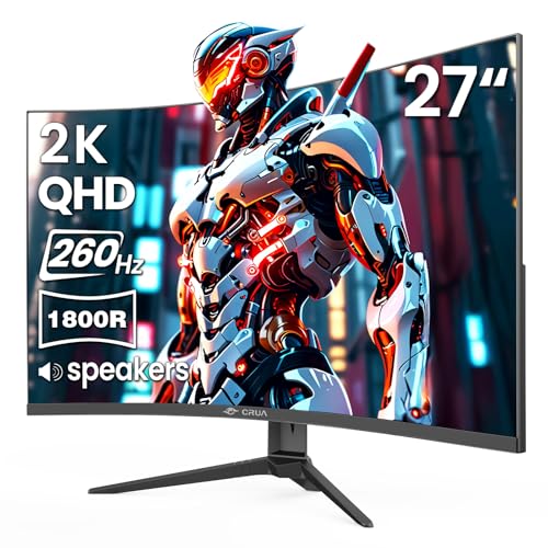 CRUA 27インチ 湾曲ゲーミングモニター 260Hz/240Hz QHD 1440P 1800R VAパネル コンピューターモニター スピーカー内蔵 AMD FreeSync対応 120%sRGB対応 ブルーライトフィルター HDMI2.0 & DP1.4 壁取り付け可能 ブラック CR270QQ