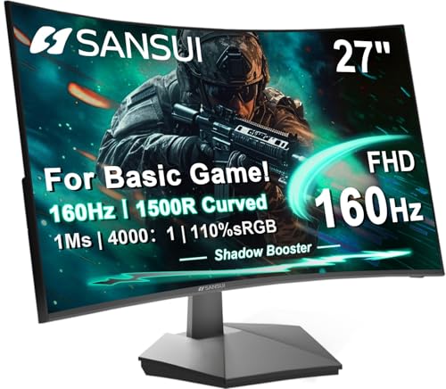SANSUI 27インチ カーブ 160Hz ゲーミングモニター 1500R カーブ コンピューター ゲーミングモニター FHD 1080P 4000:1 110%sRGB FPS/RTS 1Ms MPRT|FreeSync|HDR | 低ブルーライト|HDMI DP|VESA対応 HDMIケーブル付属 ES-G27C1L