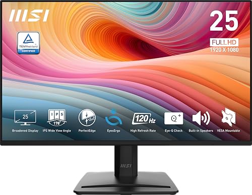 MSI PRO MP252 E2 24.5インチ IPS 1920 x 1080 (FHD) ゲーミングオフィスモニター、120Hz、アダプティブ同期、HDR対応、HDMI、VGAポート、ディスプレイポート、VESAマウント可能、チルト、スピーカー、4面スリムベゼル、1ms、ブラック