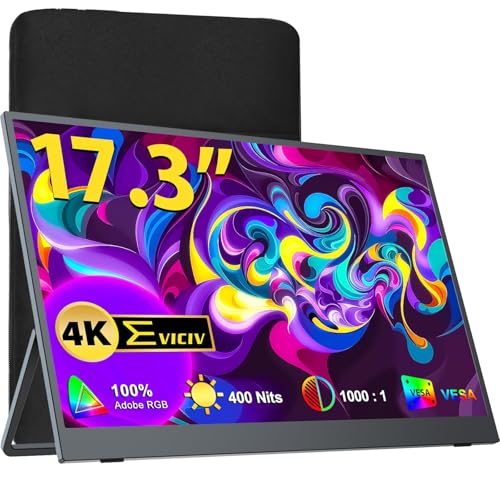 EVICIV 17.3インチ 4K 自立型 モバイルモニター 保護ケース付き EVICIV 大画面 QLED ポータブルモニター 3840x2160 UHD 500nit高輝度 非光沢 IPS 液晶パネル ブルーカット モバイルディスプレイ VESA対応 薄型 持ち運び サブモニター スピーカー内蔵 Type-C/標準 HDMI/OTG端末 PC/Macなど対応 商務会議 在宅勤務 画像編集 ファイル閲覧