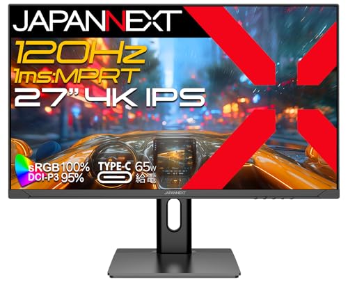 JAPANNEXT 27インチ IPSパネル搭載 120Hz/1ms(MPRT)対応 4K(3840x2160)解像度 ゲーミングモニター JN-IPS27G120U-HSPC6 HDMI2.1 DP USB Type-C(最大65W給電) HDR400相当 sRGB:100% DCI-P3:95% PS5 4K:120Hz接続 VRR KVM 高さ調整 ピボット(縦回転) 【2年保証】