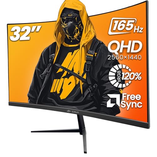 CRUA 32インチ 湾曲ゲーミングモニター 2K QHD 2560x1440P 144Hz/165Hz コンピューターモニター 120%sRGB FreeSync 低ブルーライト1800R VA画面 HDMI 1.4/DP 1.2 壁取り付け可能 - ブラック CR320QW